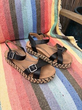 Aetrex Black Leather Platform Espadrille Sandals